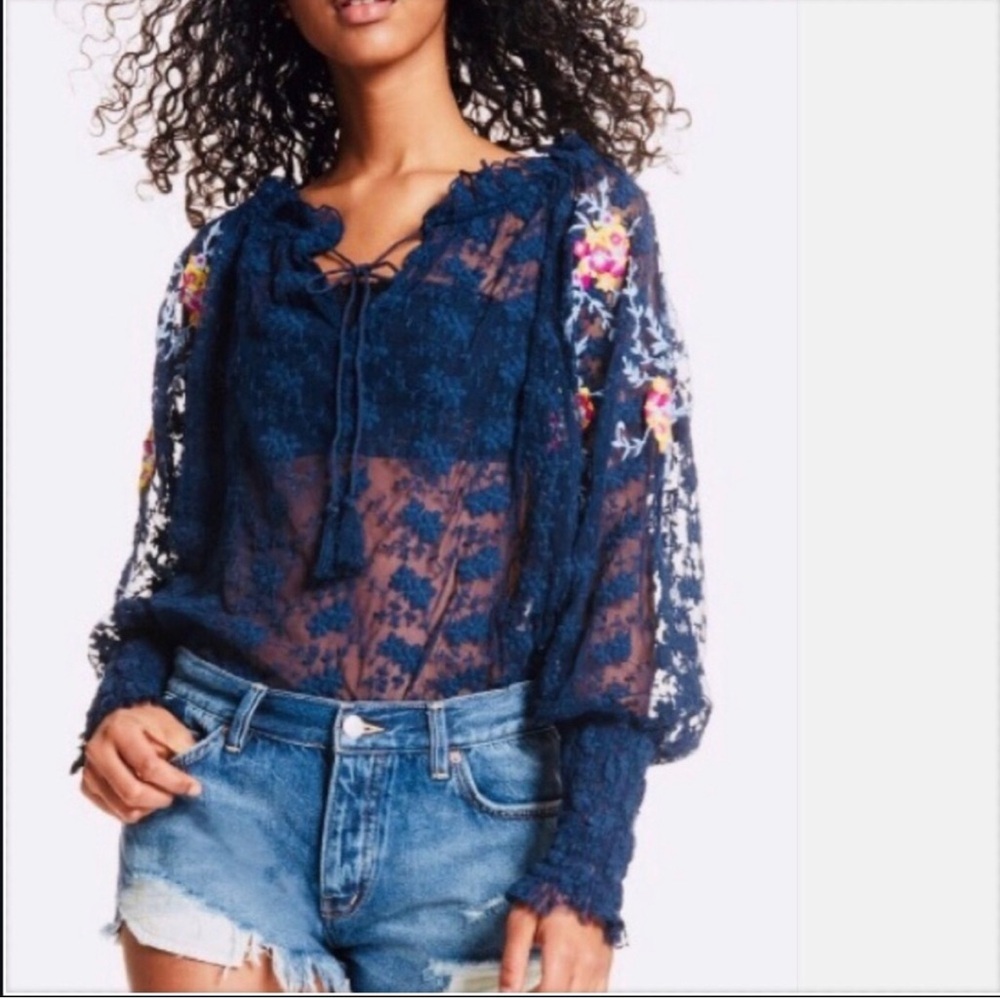 Free People Women’s Jubilee Top Navy Embroidered Medium Boho